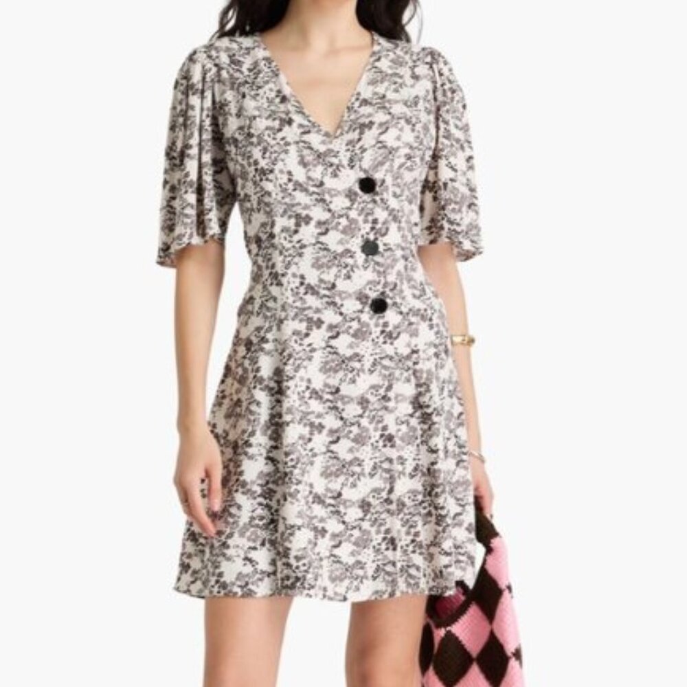 GANNI Gathered White & Brown Floral Print Twill Mini Wrap Dress Size 10